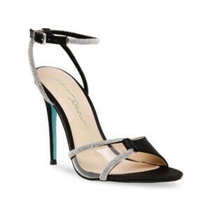 Betsey Johnson Vera Rhinestone Heels Black Satin Strappy Stiletto 8.5